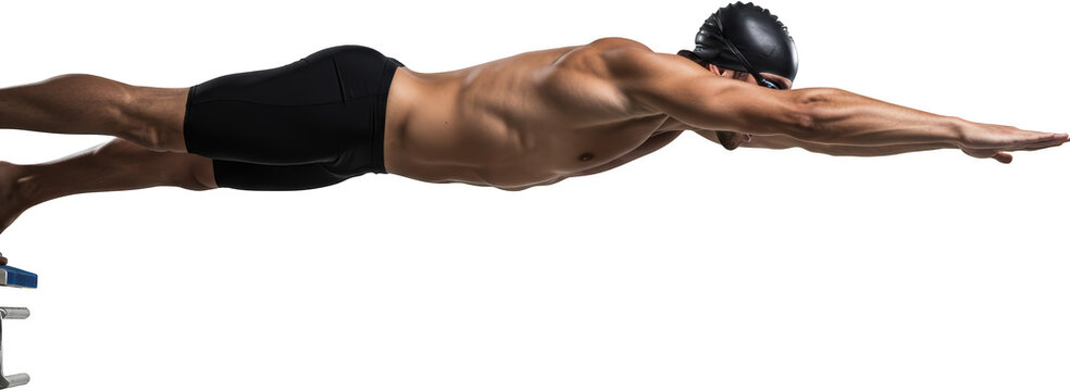 Muscular Male Swimmer Diving from Starting Block Competitive Freestyle Swimming