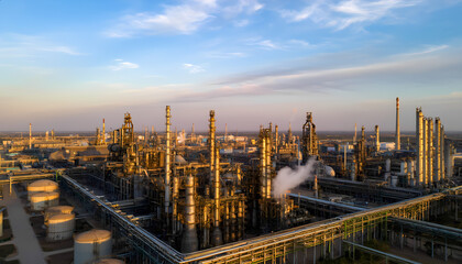 Wide aerial view showcases a sprawling industrial complex under a blue and orange sunset sky