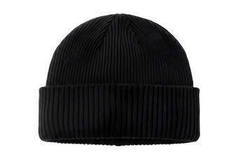 Realistic black knitted beanie hat with a ribbed texture, fold-over cuff, and soft warm material, designed for winter fashion, isolated on transparent background. 