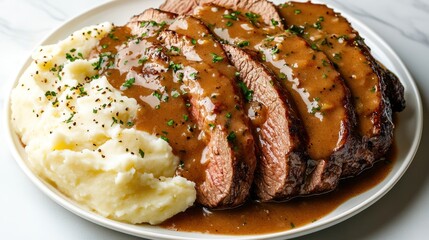 Fototapeta premium Roast beef with gravy and mashed potatoes