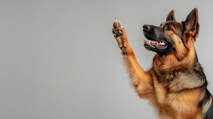 Playful german shepherd dog raising paw studio shot