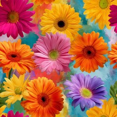 A vibrant, colorful pattern of various flowers in full bloom.