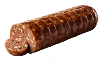 A sliced blood sausage roll with visible beans on a black background in a studio shot image