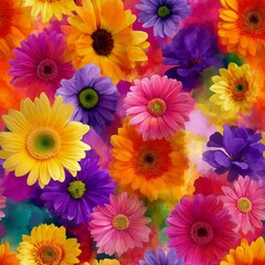 A vibrant, colorful pattern of various flowers in full bloom.