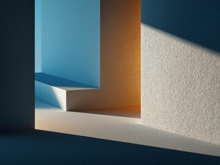 AI-generated abstract architectural interior with geometric shapes and contrasting light and shadows