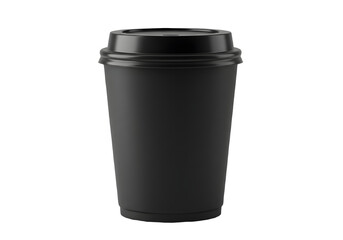 Sleek black disposable paper coffee cup with secure lid, smooth matte finish, perfect for takeaway hot beverages, isolated on transparent background.
