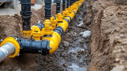 Underground pipeline installation yellow and black pipes in trench
