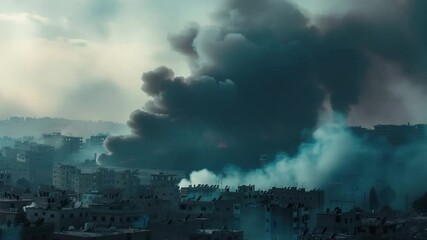 A dramatic and powerful video capturing the aftermath of air strikes in an urban area, showing thick and billowing smoke rising into the sky, signifying destruction and tragedy.