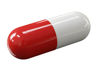 Realistic red and white capsule pill, detailed pharmaceutical medication, isolated on transparent background.
