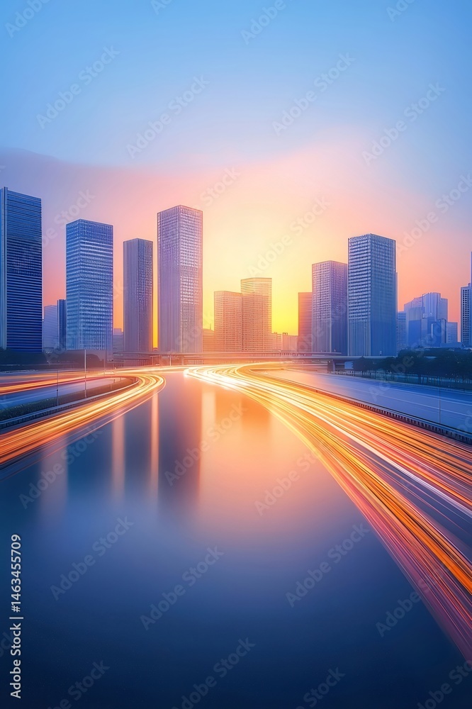 Poster 青とオレンジの空に高層ビルが立ち並び 水面に反射する光跡が印象的な都市の夕景