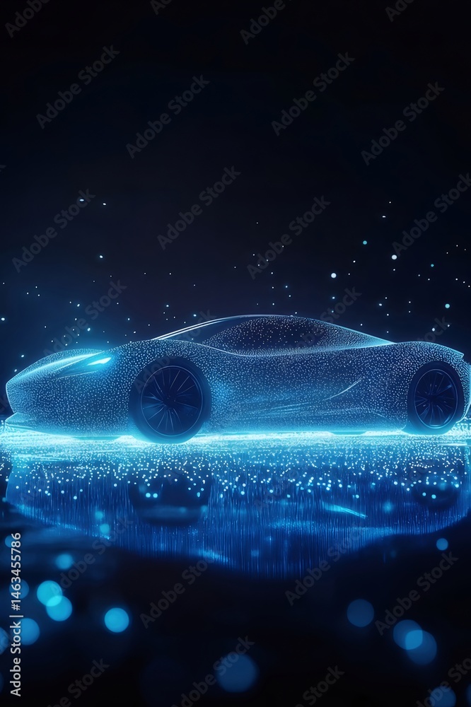 Aufkleber 青い光の粒子と輝きによる抽象的な車の輪郭を示す未来的なデジタルレンダリング