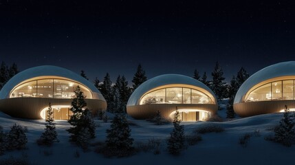 Obraz premium Unique dome home architecture in winter landscape under starry night sky houses buildings