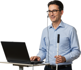 Confident Visually Impaired Male Presenter Using Laptop and Microphone at Podium