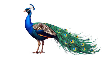 Obraz premium Majestic peacock standing proudly with vibrant blue and green feathers spread wide for luxury brand marketing campaigns and corporate presentations with copy space for text