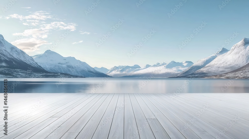Poster 白い山々と青い湖の冬の風景と水面が反射する北欧の壮大な景色と雪景色