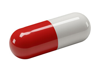 Realistic red and white capsule pill, detailed pharmaceutical medication, isolated on transparent background.
