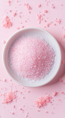 Close up of pink salt on white plate, minimalist style