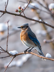 Eurasian jay sitting in tree during winter