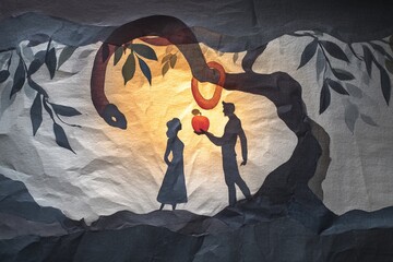 Watercolor painting of Eve giving the forbidden fruit to Adam.