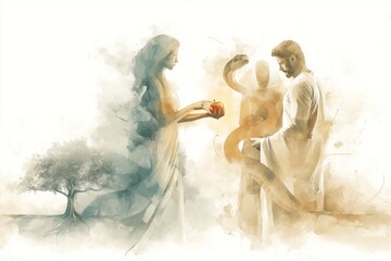 Naklejka premium Watercolor painting of Eve giving the forbidden fruit to Adam.