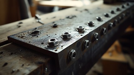 Rusty Metal Beam with Bolts in Workshop