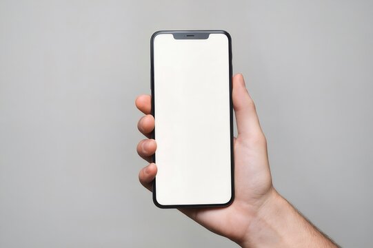 灰色の背景に白い画面のスマートフォンを保持する手 現代技術を使用したモバイルデバイスでの通信