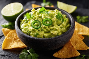 Close-up of a bowl of vibrant guacamole on a dark surface.