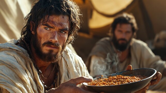 Watercolor painting of Esau trading his birthright to his brother Jacob for a bowl of soup.