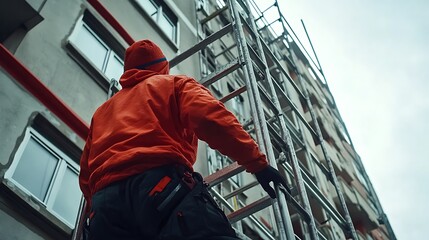 Construction Worker Climbing Scaffolding