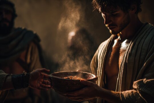 Esau trading his birthright to his brother Jacob for a bowl of soup.