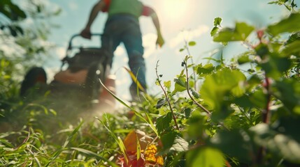 Man mowing lawn on a sunny day with lush green grass and vegetation in the foreground.