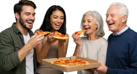 Happy Multigenerational Group Enjoying Delicious Pepperoni Pizza Together