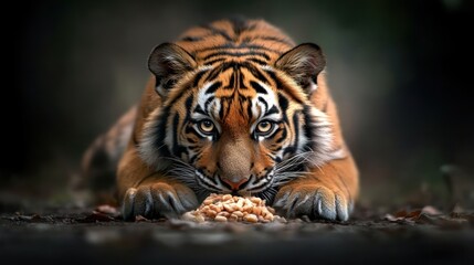 Obraz premium Majestic Sumatran Tiger Feasting in the Gloom