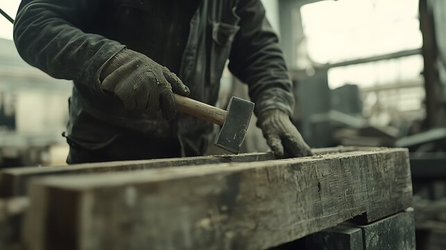 Worker Using Hammer on Wooden Beam in Industrial Setting - Powered by Adobe