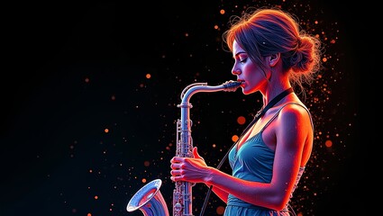 close-up lady playing a saxophone in a unique technique illustration strokes and lines different colors merges background is dark