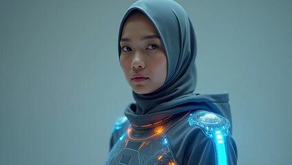 studio portrait futuristic Muslim woman wearing sleek, matte grey sports hijab featuring glowing blue and orange holographic interface