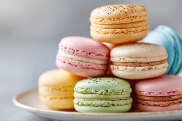 Colorful macaron stack on a plate, close-up view.