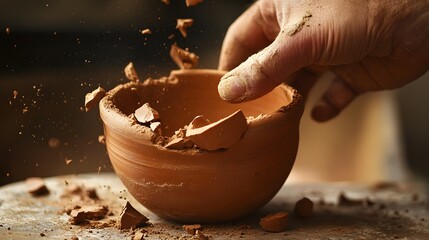 Hand Smashing a Clay Pot: A hand smashing a clay pot, with pieces of pottery breaking apart. 
