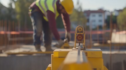 Construction Worker Using Leveling Tool on Site