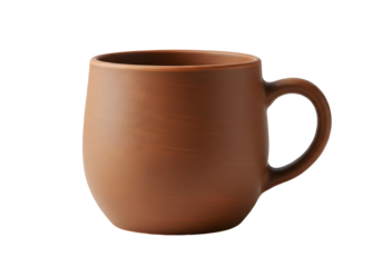 Realistic brown clay mug with smooth texture, round shape, and sturdy handle, perfect for coffee or tea, isolated on transparent background.
