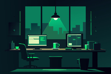 hacker s office with dim lighting  green code 