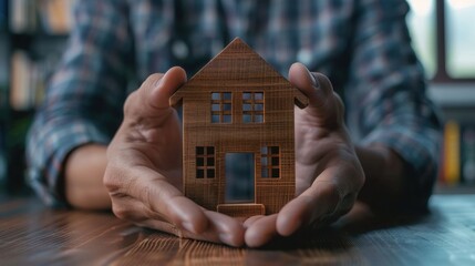 Man holding a small wooden house model in his hands, symbolizing home ownership and real estate.