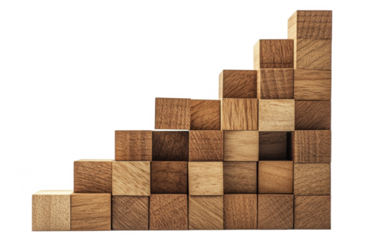 Wooden blocks arranged in a staircase pattern against a black background in a studio shot