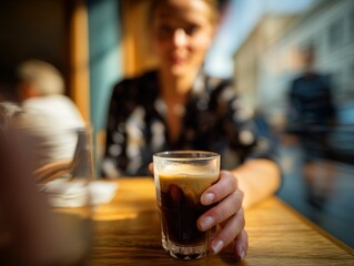 A cafe patron holds a glass of espresso.