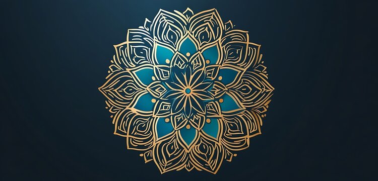 Intricate mandala icon in shades of blue and gold with precise symmetrical patterns