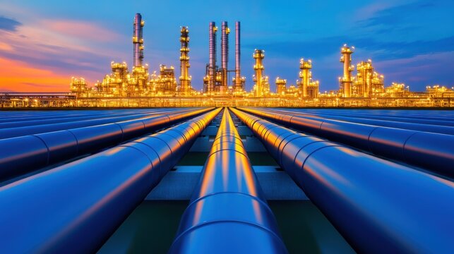 Blue pipelines leading to illuminated industrial plant at twilight