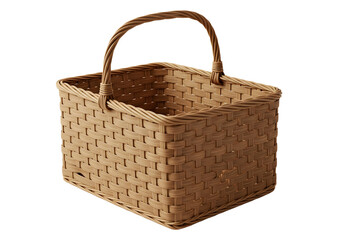 Realistic wicker basket with woven pattern, square base, curved handles, and natural light brown color, isolated on transparent background.
