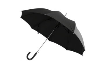 Isolated image of a sleek black umbrella with a curved handle against a dark background space