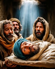 Fototapeta premium Four men lowering their paralyzed friend through a roof into a crowded house so that Jesus can heal him.