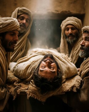 Four men lowering their paralyzed friend through a roof into a crowded house so that Jesus can heal him.